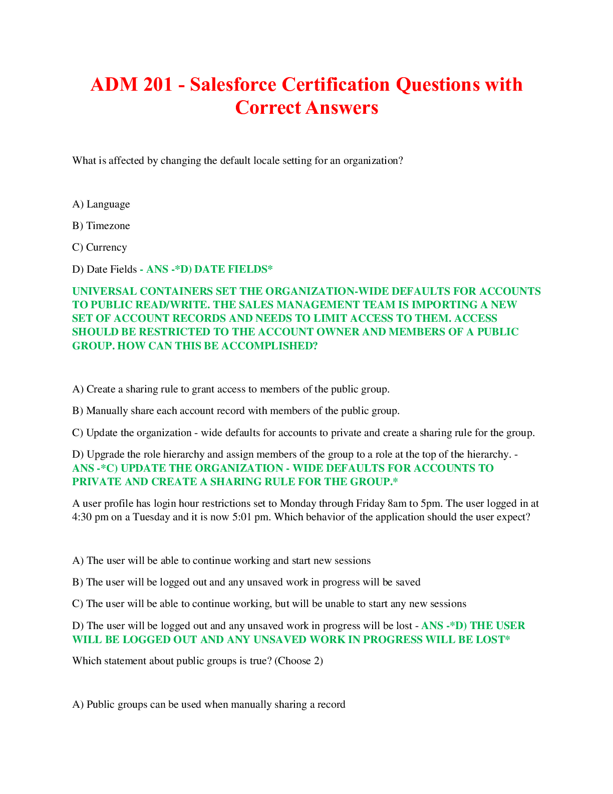 Preview of ADM 201 - Salesforce Certification Questions with Correct Answers